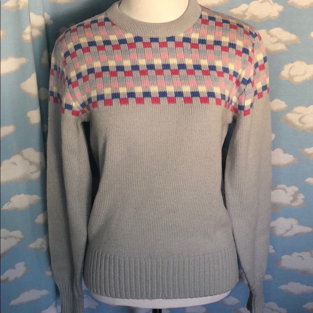 Vintage Profile Checkerboard Wool Ski Sweater Gray and Pink Checks Size Medium
